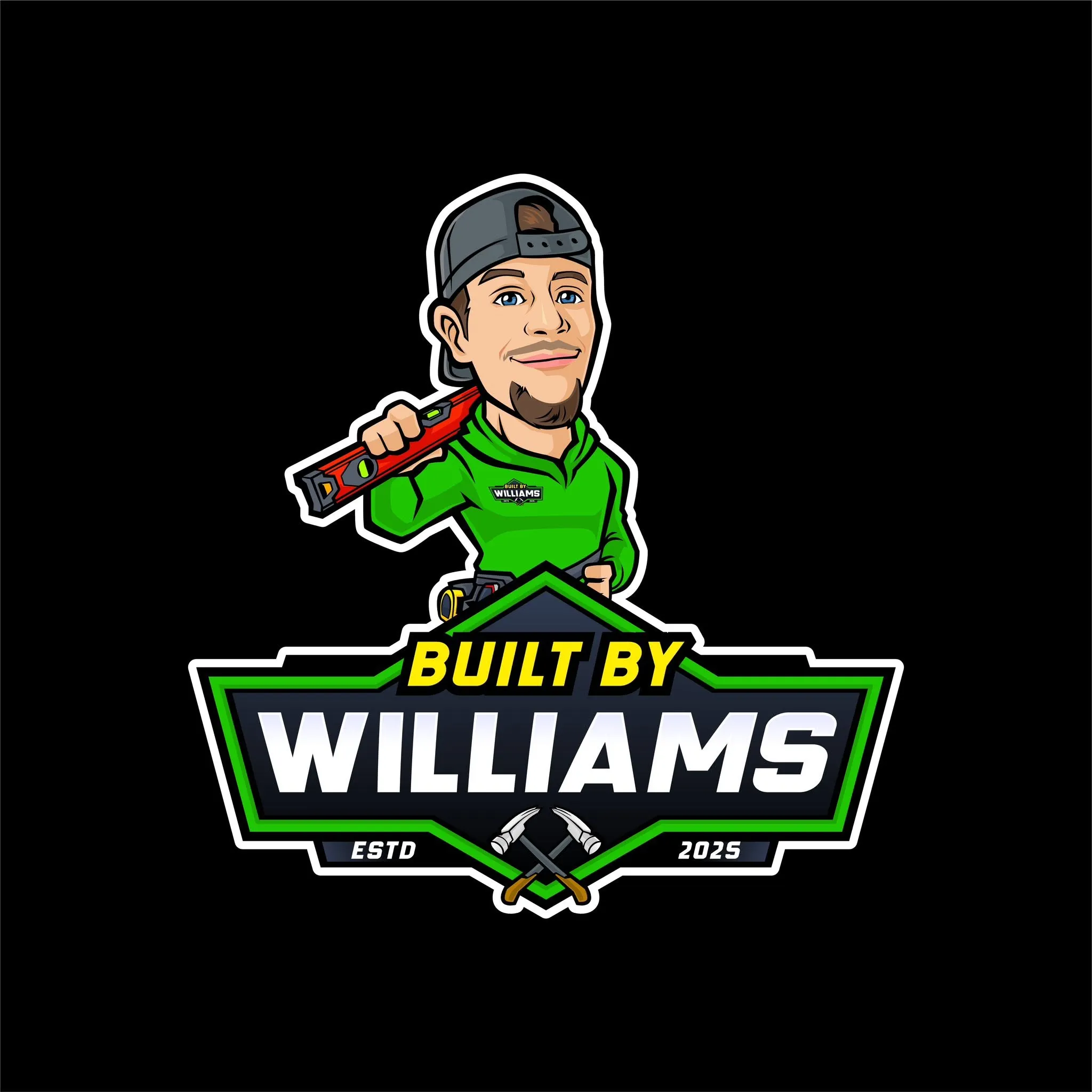 The Built By Williams logo: a cartoon of Matt Williams in a green hoodie and backwards cap carrying a level, above a badge reading Built By Williams, Est. 2025.